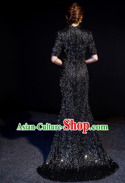 Chinese National Black Sequins Qipao Dress Traditional Compere Cheongsam Costume for Women