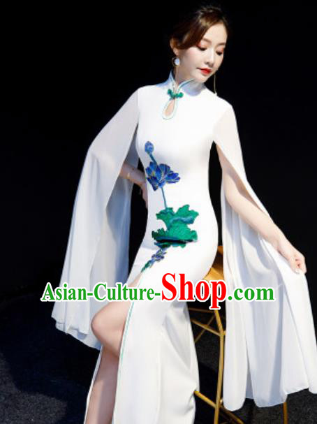 Chinese National Embroidered Lotus White Qipao Dress Traditional Compere Cheongsam Costume for Women