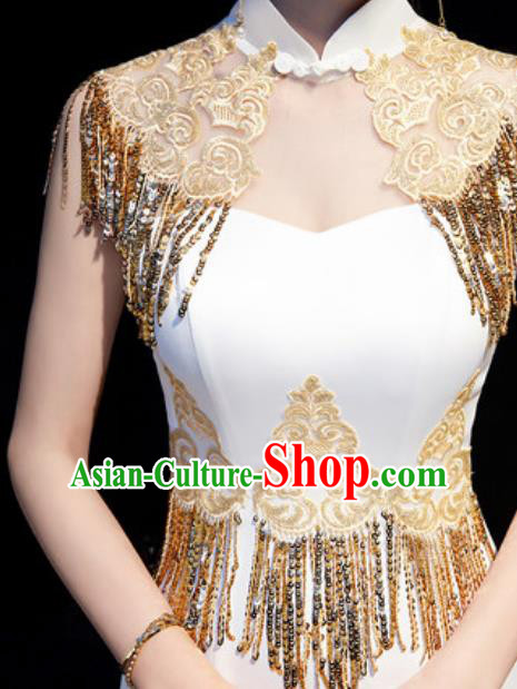 Chinese National Golden Tassel Qipao Dress Traditional Compere Cheongsam Costume for Women