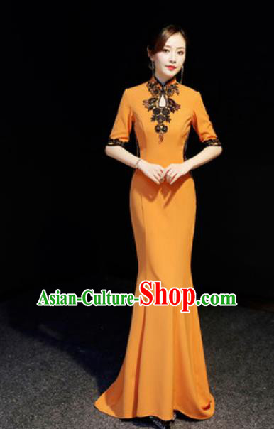 Chinese National Orange Trailing Qipao Dress Traditional Compere Cheongsam Costume for Women