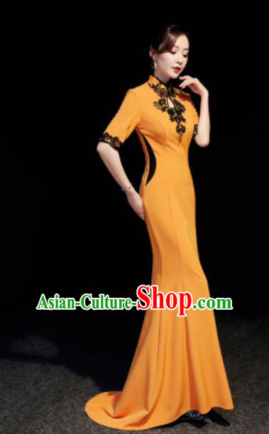 Chinese National Orange Trailing Qipao Dress Traditional Compere Cheongsam Costume for Women