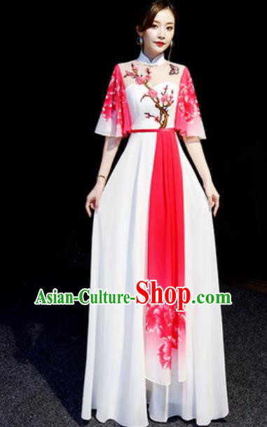 Chinese National Embroidered Plum White Qipao Dress Traditional Compere Cheongsam Costume for Women