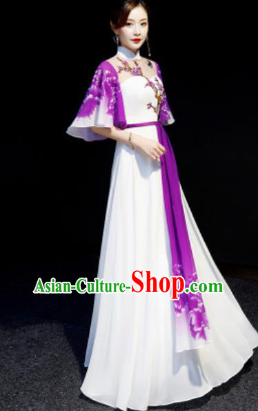 Chinese National Embroidered Plum Purple Qipao Dress Traditional Compere Cheongsam Costume for Women