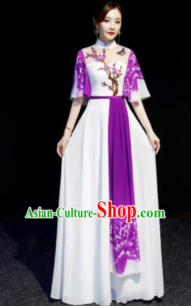 Chinese National Embroidered Plum Purple Qipao Dress Traditional Compere Cheongsam Costume for Women