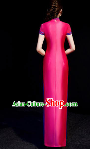 Chinese National Rosy Qipao Dress Traditional Compere Cheongsam Costume for Women