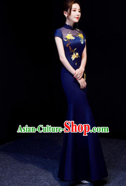 Chinese National Embroidered Navy Qipao Dress Traditional Compere Cheongsam Costume for Women