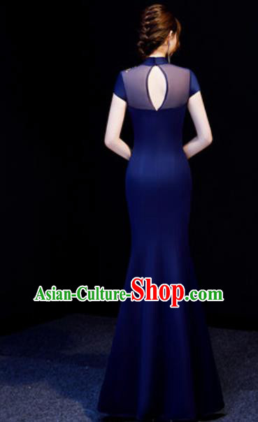 Chinese National Embroidered Navy Qipao Dress Traditional Compere Cheongsam Costume for Women