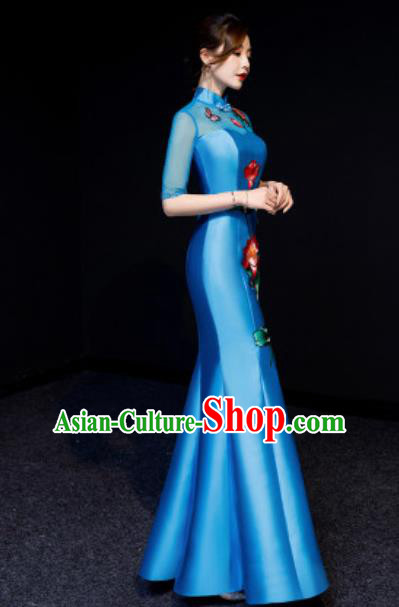 Chinese National Embroidered Lotus Blue Qipao Dress Traditional Compere Cheongsam Costume for Women
