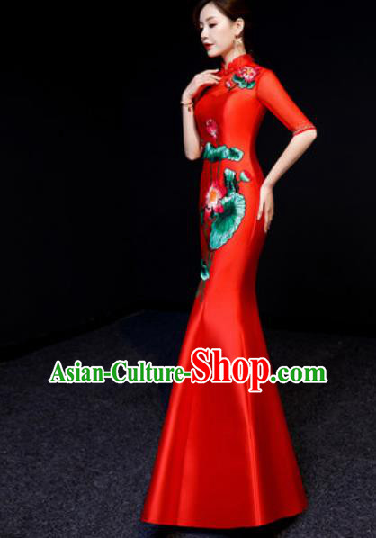 Chinese National Embroidered Lotus Red Qipao Dress Traditional Compere Cheongsam Costume for Women
