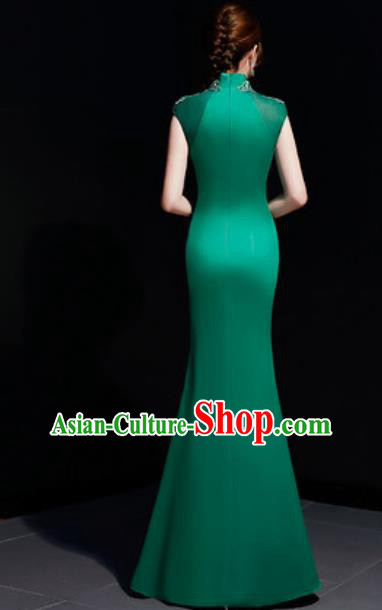Chinese Traditional Embroidered Green Qipao Dress Compere Cheongsam Costume for Women