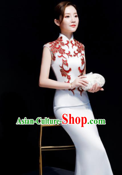 Chinese Traditional Embroidered White Qipao Dress Compere Cheongsam Costume for Women