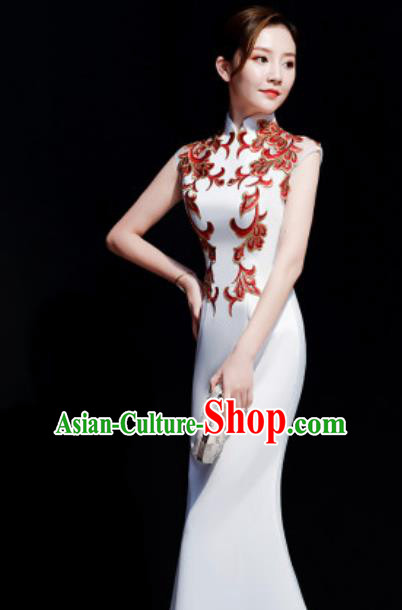 Chinese Traditional Embroidered White Qipao Dress Compere Cheongsam Costume for Women