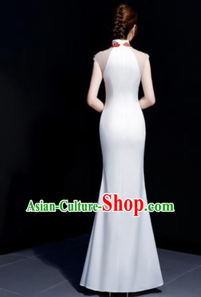 Chinese Traditional Embroidered White Qipao Dress Compere Cheongsam Costume for Women