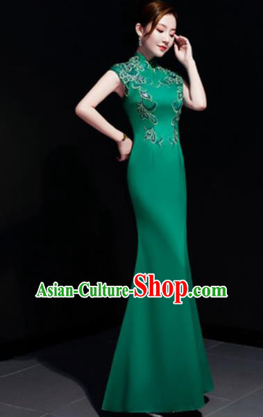 Chinese Traditional Embroidered Green Qipao Dress Compere Cheongsam Costume for Women