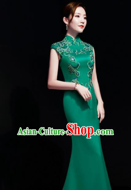 Chinese Traditional Embroidered Green Qipao Dress Compere Cheongsam Costume for Women