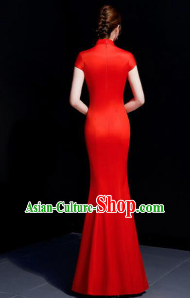Chinese Traditional Embroidered Peony Red Qipao Dress Compere Cheongsam Costume for Women