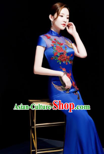 Chinese Traditional Embroidered Peony Royalblue Qipao Dress Compere Cheongsam Costume for Women
