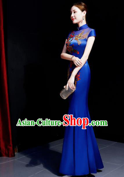 Chinese Traditional Embroidered Peony Royalblue Qipao Dress Compere Cheongsam Costume for Women