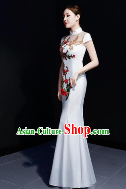 Chinese Traditional Embroidered Peony White Qipao Dress Compere Cheongsam Costume for Women