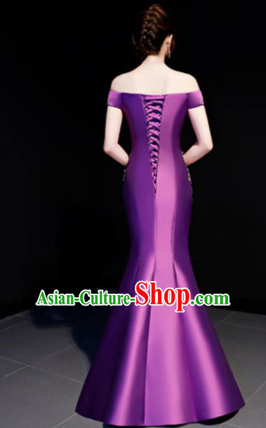 Top Compere Catwalks Embroidered Purple Full Dress Evening Party Costume for Women