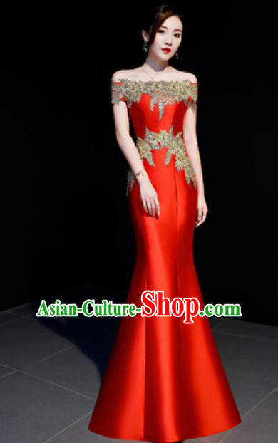 Top Compere Catwalks Embroidered Red Full Dress Evening Party Costume for Women