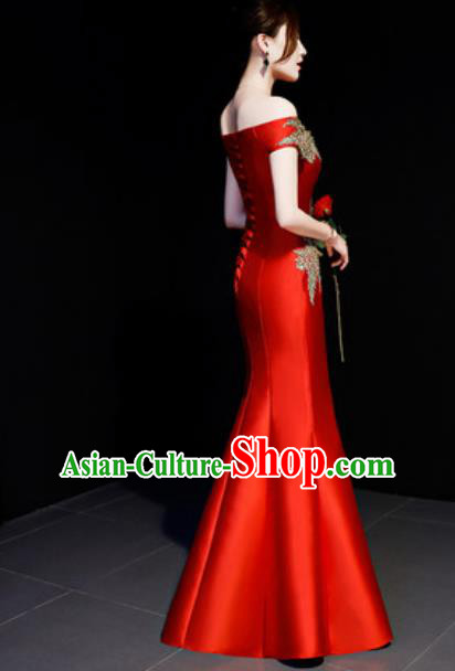Top Compere Catwalks Embroidered Red Full Dress Evening Party Costume for Women
