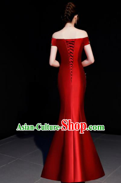 Top Compere Catwalks Embroidered Wine Red Full Dress Evening Party Costume for Women