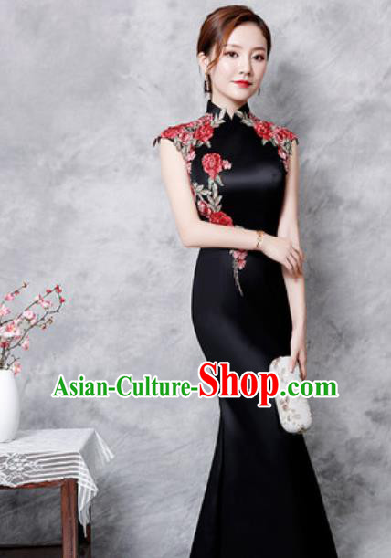 Chinese Traditional Embroidered Rose Black Qipao Dress Compere Cheongsam Costume for Women