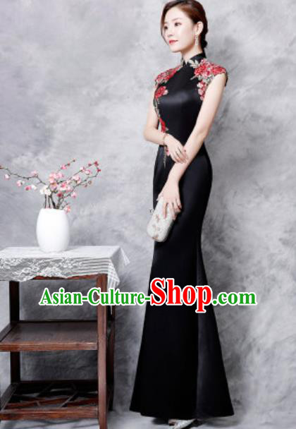 Chinese Traditional Embroidered Rose Black Qipao Dress Compere Cheongsam Costume for Women