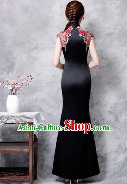 Chinese Traditional Embroidered Rose Black Qipao Dress Compere Cheongsam Costume for Women