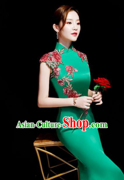 Chinese Traditional Embroidered Rose Green Qipao Dress Compere Cheongsam Costume for Women
