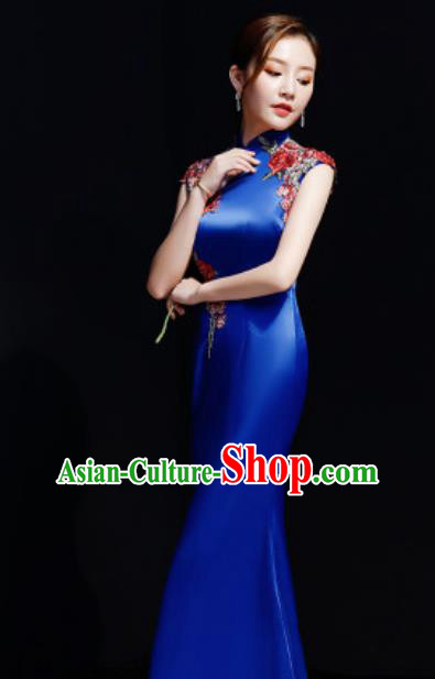 Chinese Traditional Embroidered Rose Royalblue Qipao Dress Compere Cheongsam Costume for Women