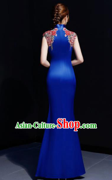 Chinese Traditional Embroidered Rose Royalblue Qipao Dress Compere Cheongsam Costume for Women