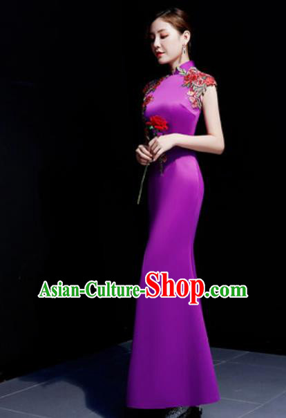Chinese Traditional Embroidered Rose Purple Qipao Dress Compere Cheongsam Costume for Women