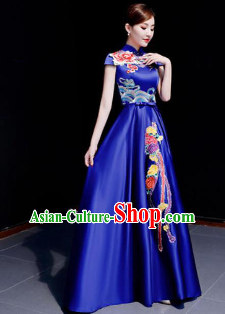 Chinese Traditional Chorus Embroidered Phoenix Peony Royalblue Dress Compere Cheongsam Costume for Women