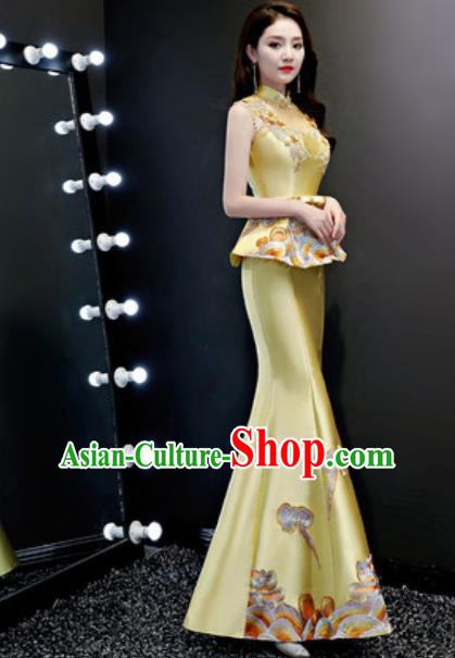 Chinese Traditional Chorus Embroidered Golden Full Dress Compere Cheongsam Costume for Women