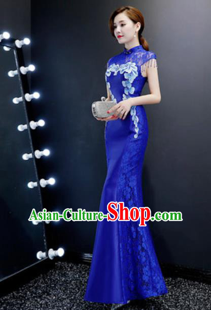 Chinese Traditional Chorus Embroidered Royalblue Lace Dress Compere Cheongsam Costume for Women