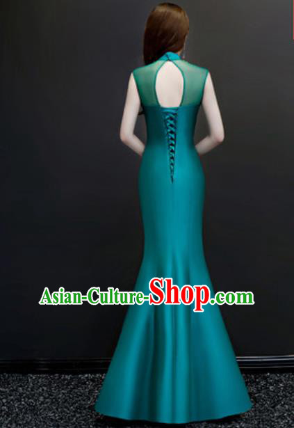 Chinese Traditional Chorus Embroidered Peacock Green Full Dress Compere Cheongsam Costume for Women