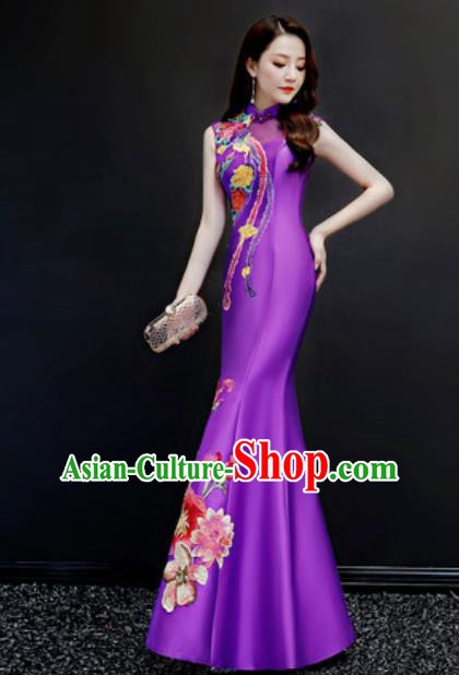 Chinese Traditional Chorus Embroidered Purple Full Dress Compere Cheongsam Costume for Women