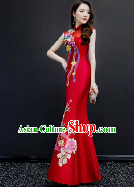 Chinese Traditional Chorus Embroidered Red Full Dress Compere Cheongsam Costume for Women