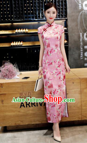 Chinese Traditional Printing Peach Blossom Pink Qipao Dress Compere Cheongsam Costume for Women