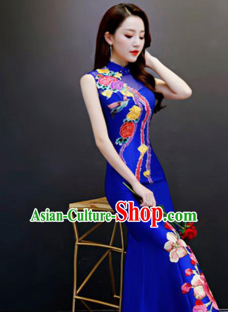 Chinese Traditional Embroidered Fishtail Royalblue Dress Compere Cheongsam Costume for Women