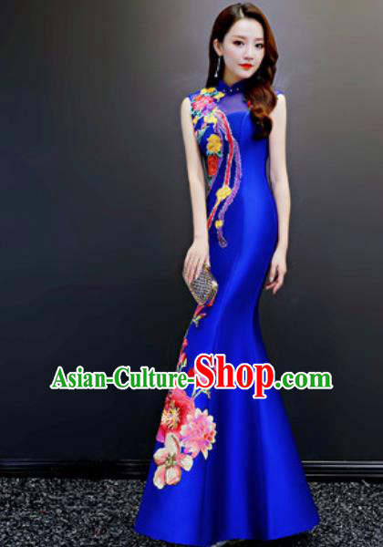 Chinese Traditional Embroidered Fishtail Royalblue Dress Compere Cheongsam Costume for Women