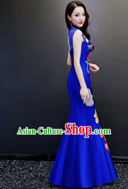 Chinese Traditional Embroidered Fishtail Royalblue Dress Compere Cheongsam Costume for Women