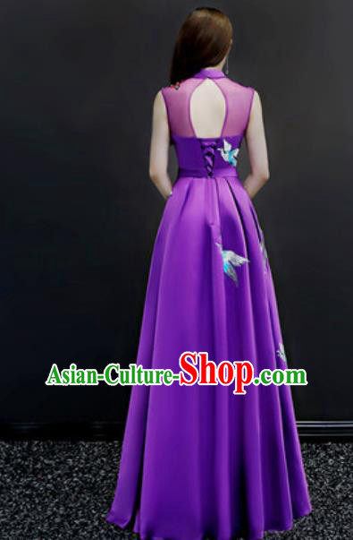 Chinese Traditional Embroidered Purple Dress Compere Cheongsam Costume for Women