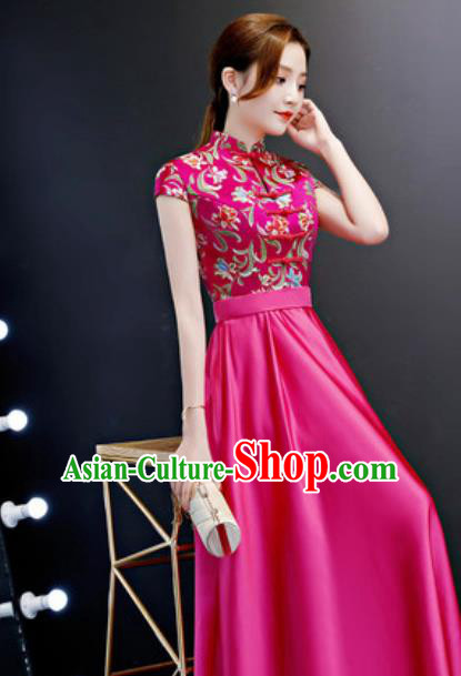 Chinese Traditional Rosy Qipao Dress Compere Cheongsam Costume for Women