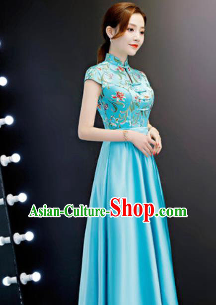 Chinese Traditional Blue Qipao Dress Compere Cheongsam Costume for Women