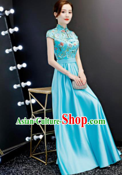 Chinese Traditional Blue Qipao Dress Compere Cheongsam Costume for Women