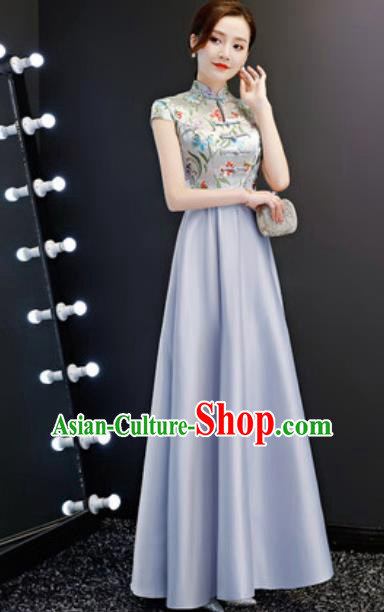 Chinese Traditional Grey Qipao Dress Compere Cheongsam Costume for Women