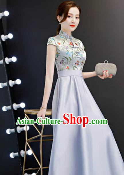 Chinese Traditional Grey Qipao Dress Compere Cheongsam Costume for Women